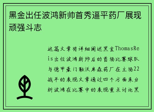 黑金出任波鸿新帅首秀逼平药厂展现顽强斗志